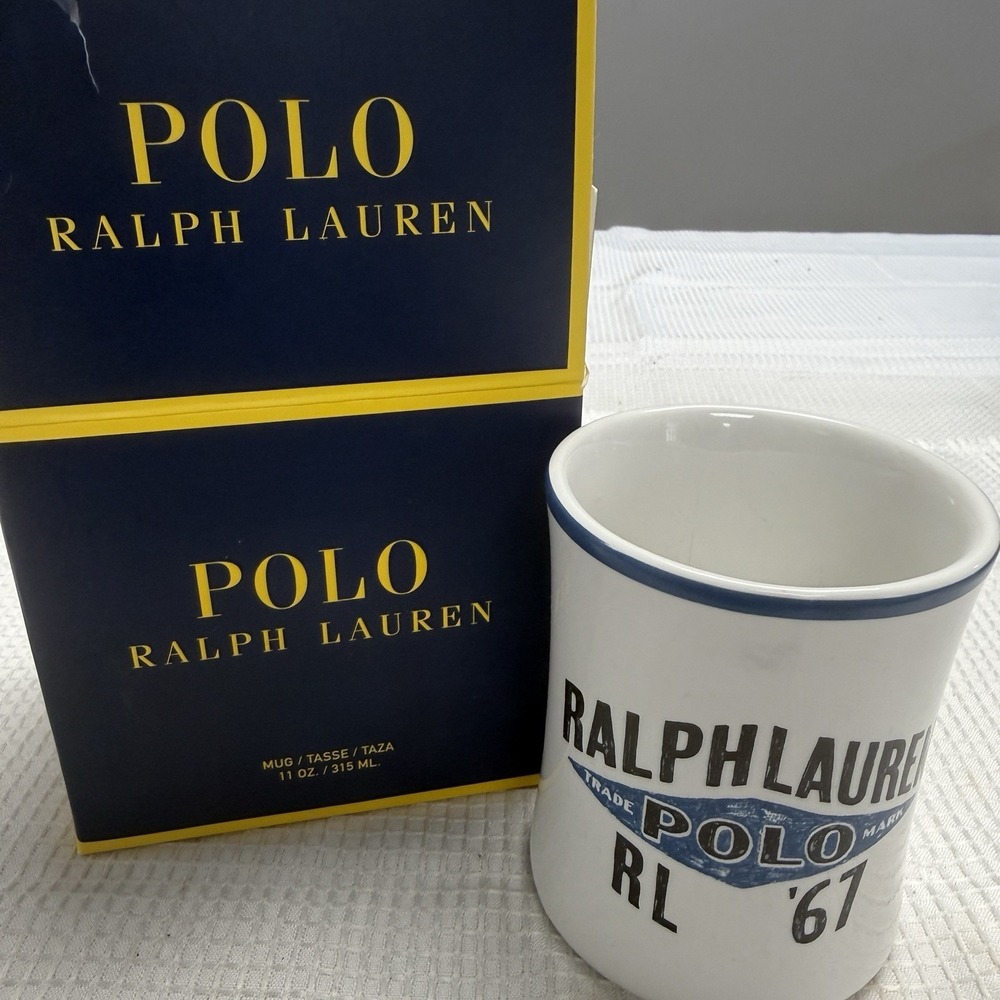 Ralph Lauren Home Polo RL 67 Diner Style Coffee Mug White & Blue Stoneware New